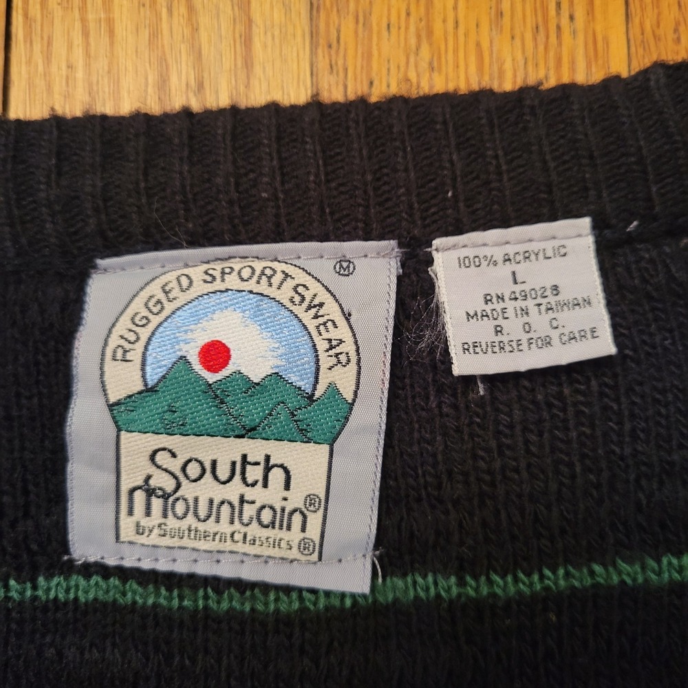 South Mountain L Cardigan Black Green Geometric V Neck Knit Coastal Grandpa - Picture 3 of 4